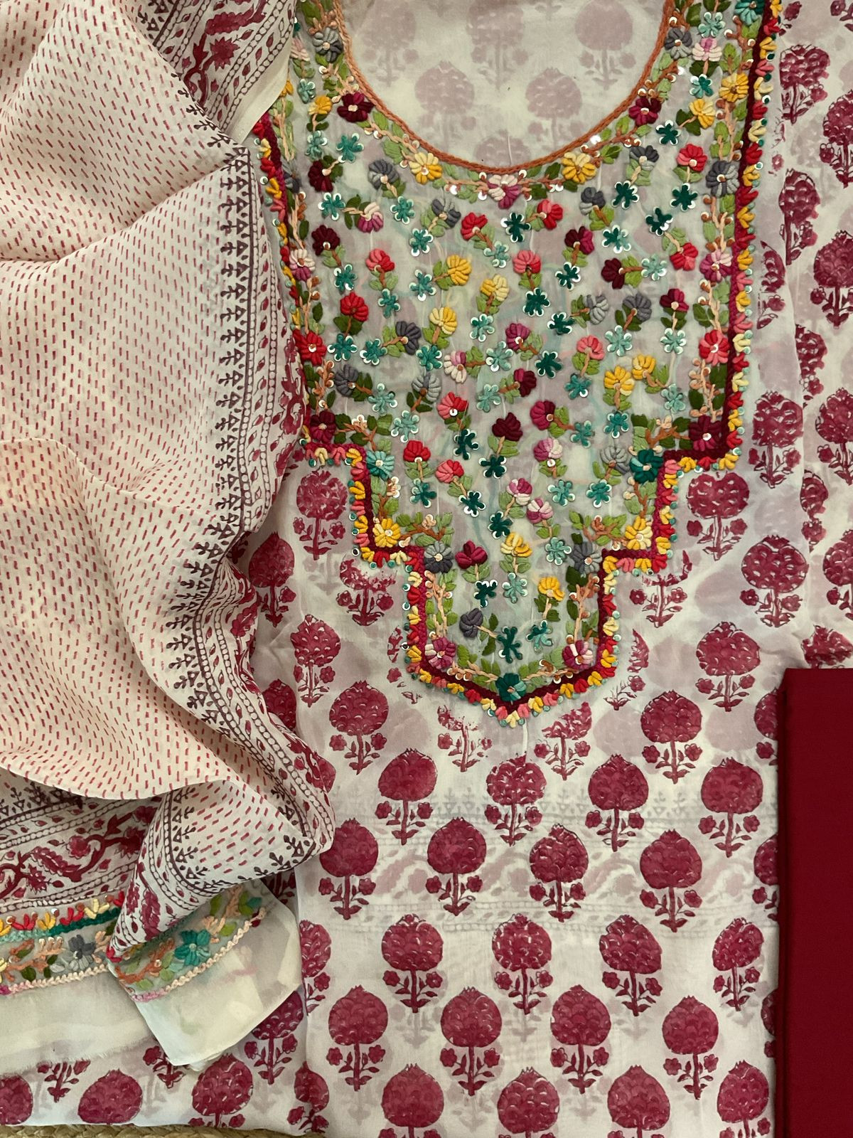 Pure Organza Block Printed Embroidered Suit - Cream