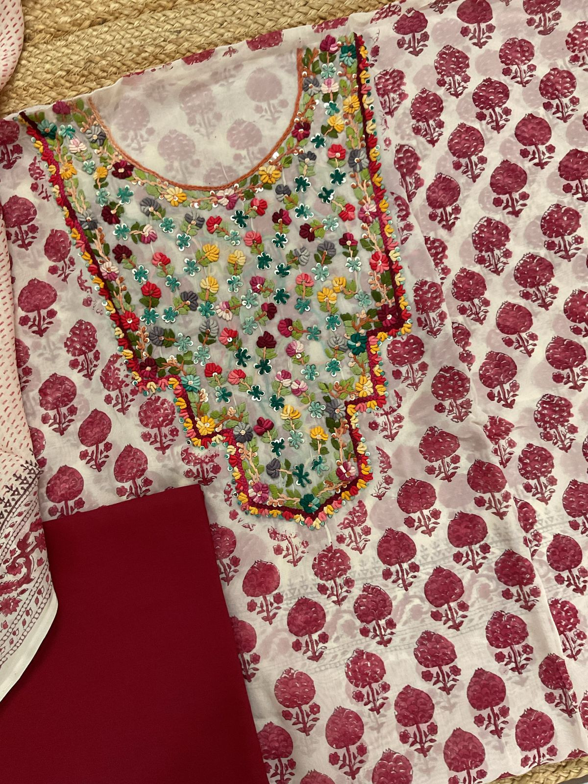 Pure Organza Block Printed Embroidered Suit - Cream