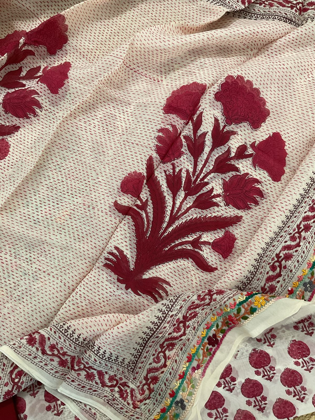 Pure Organza Block Printed Embroidered Suit - Cream