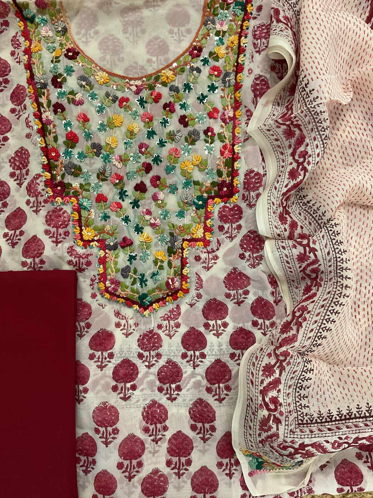 Pure Organza Block Printed Embroidered Suit - Cream