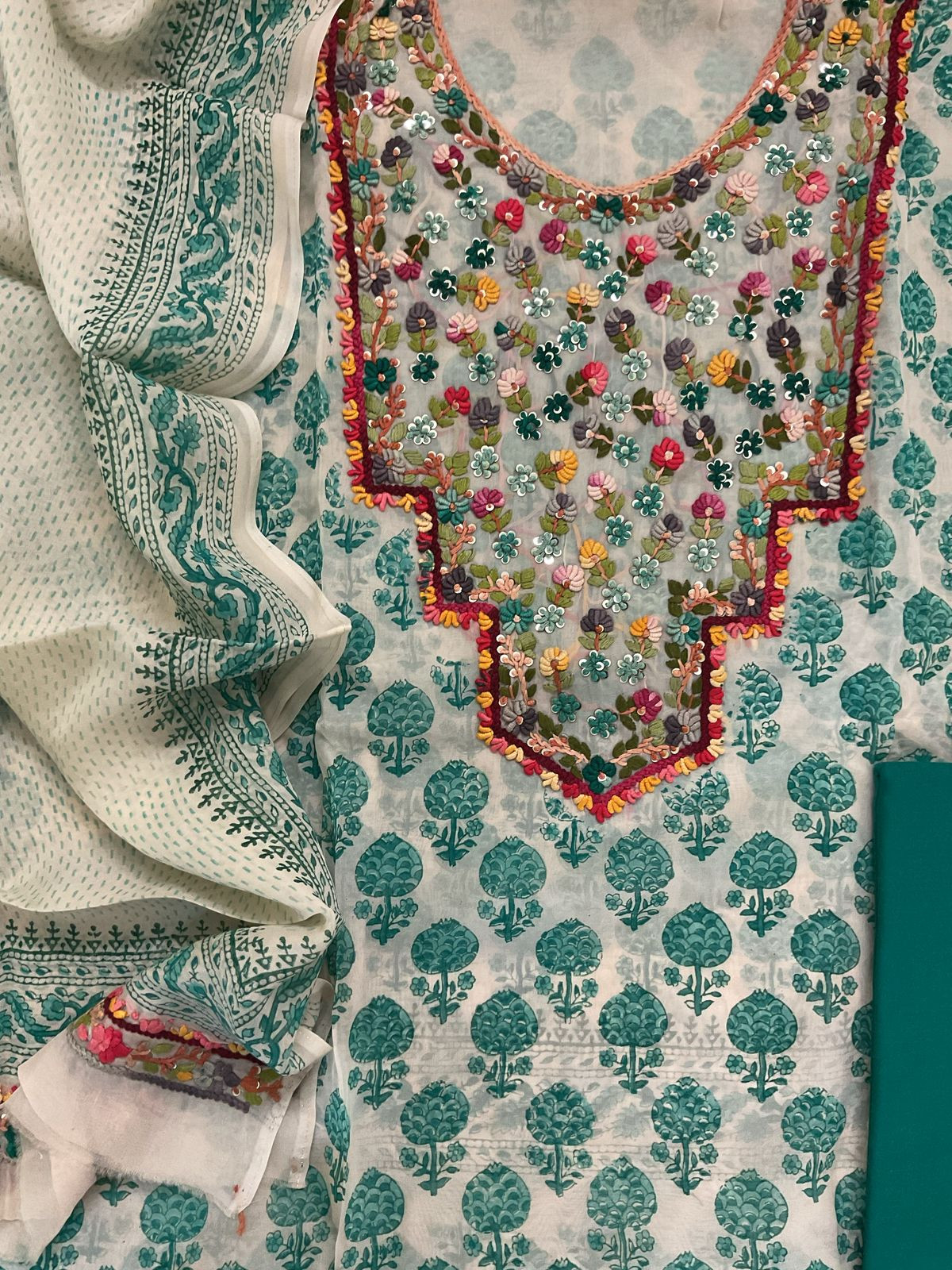 Pure Organza Block Printed Embroidered Suit - Cream