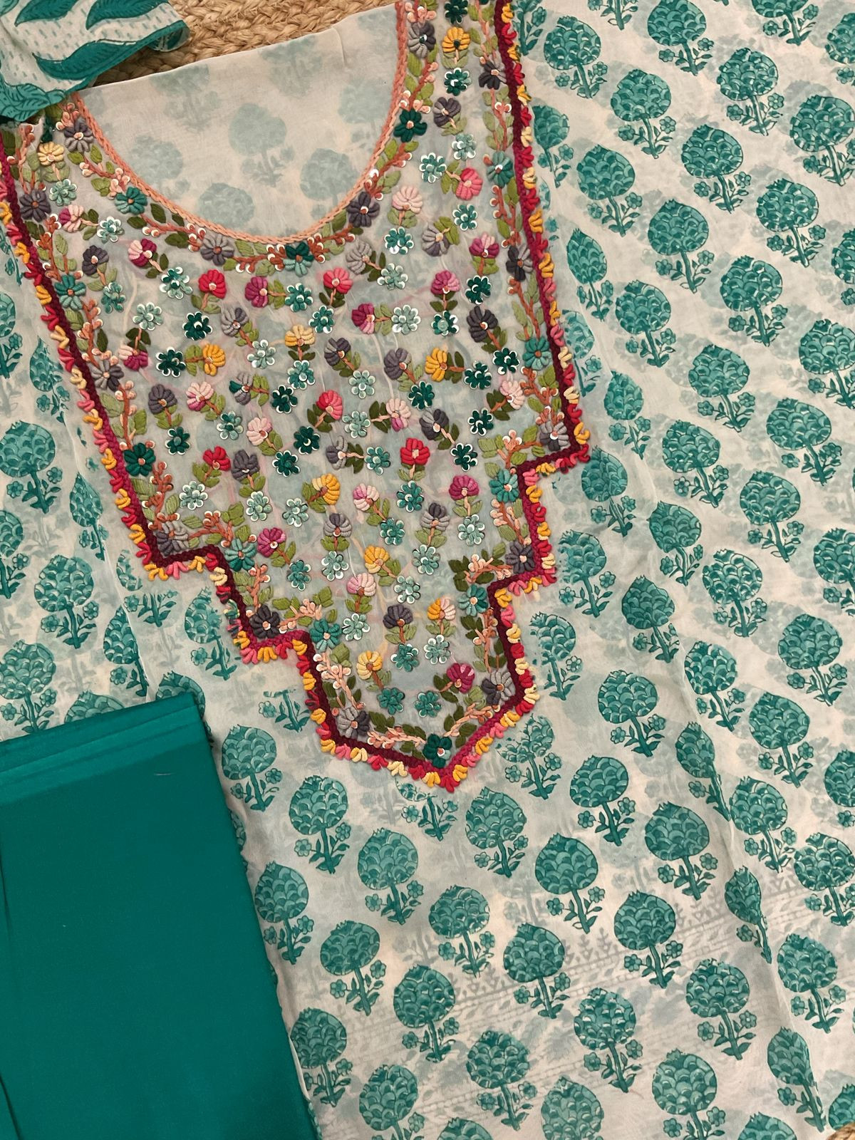 Pure Organza Block Printed Embroidered Suit - Cream