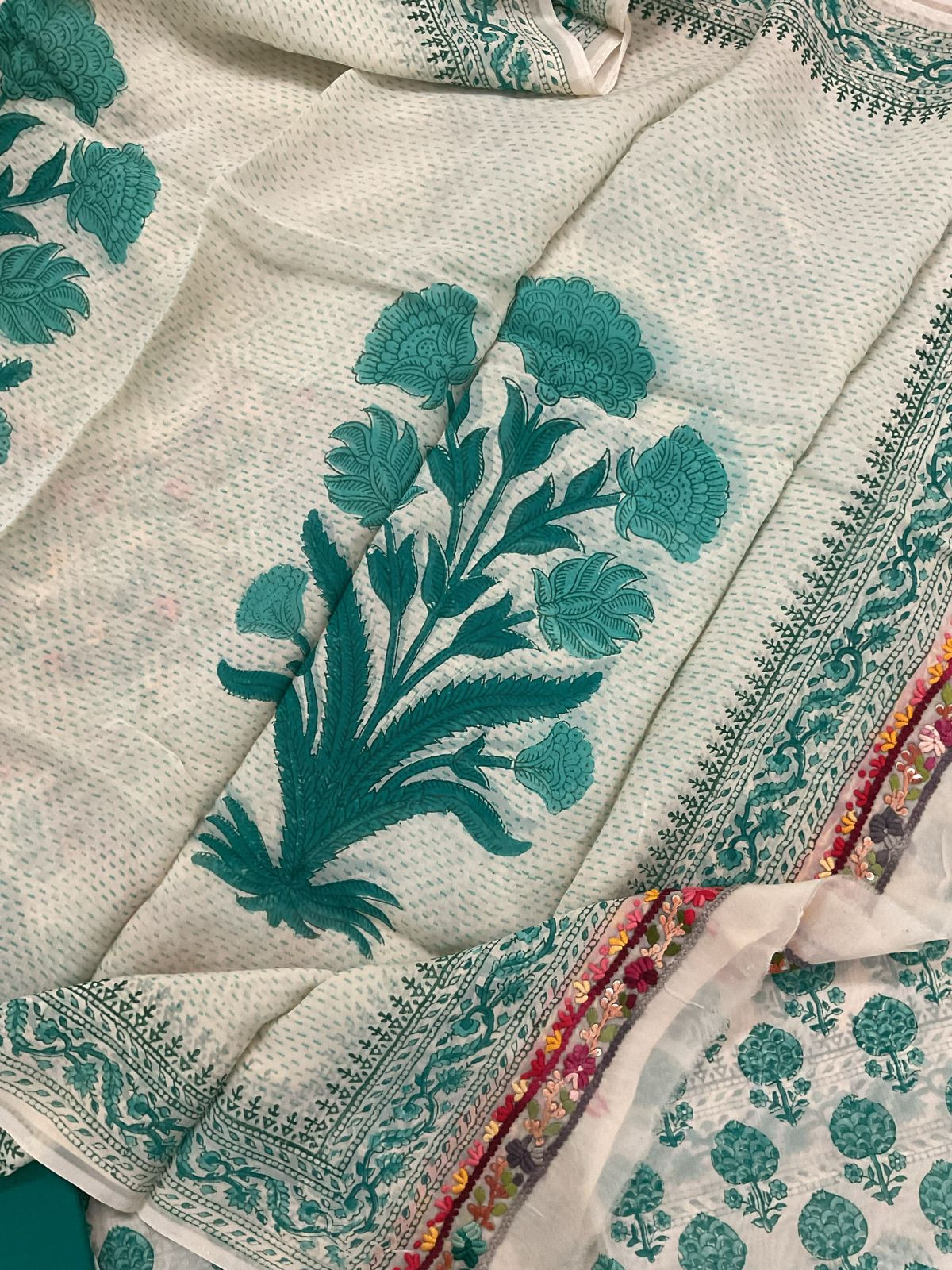 Pure Organza Block Printed Embroidered Suit - Cream