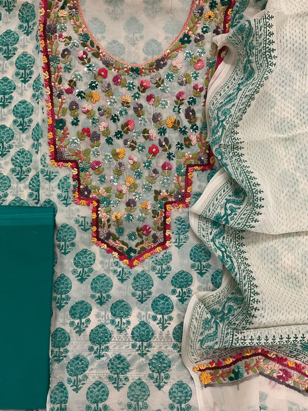 Pure Organza Block Printed Embroidered Suit - Cream