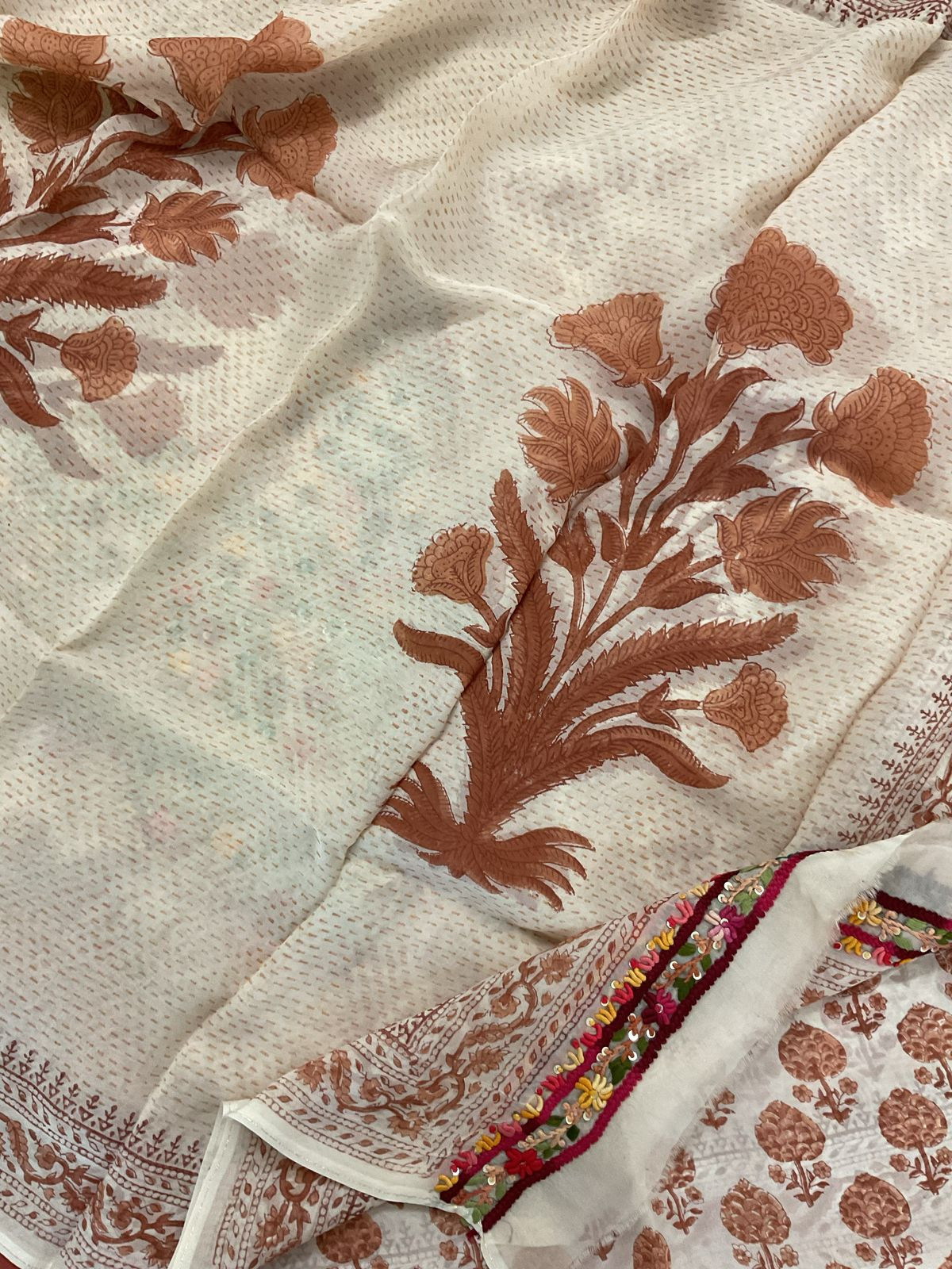 Pure Organza Block Printed Embroidered Suit - Cream