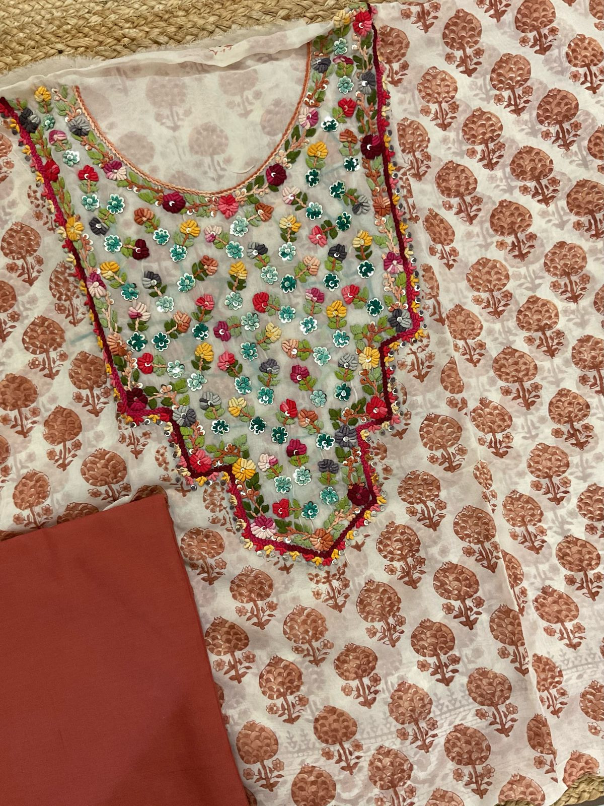 Pure Organza Block Printed Embroidered Suit - Cream