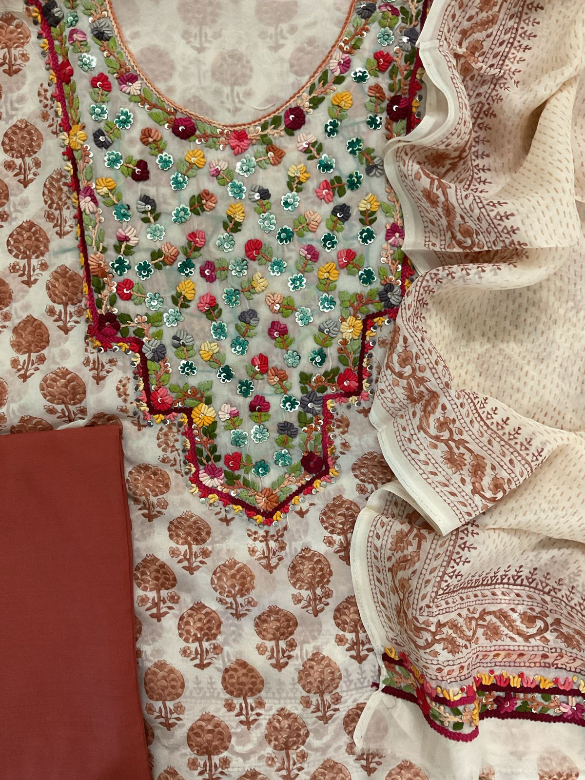 Pure Organza Block Printed Embroidered Suit - Cream