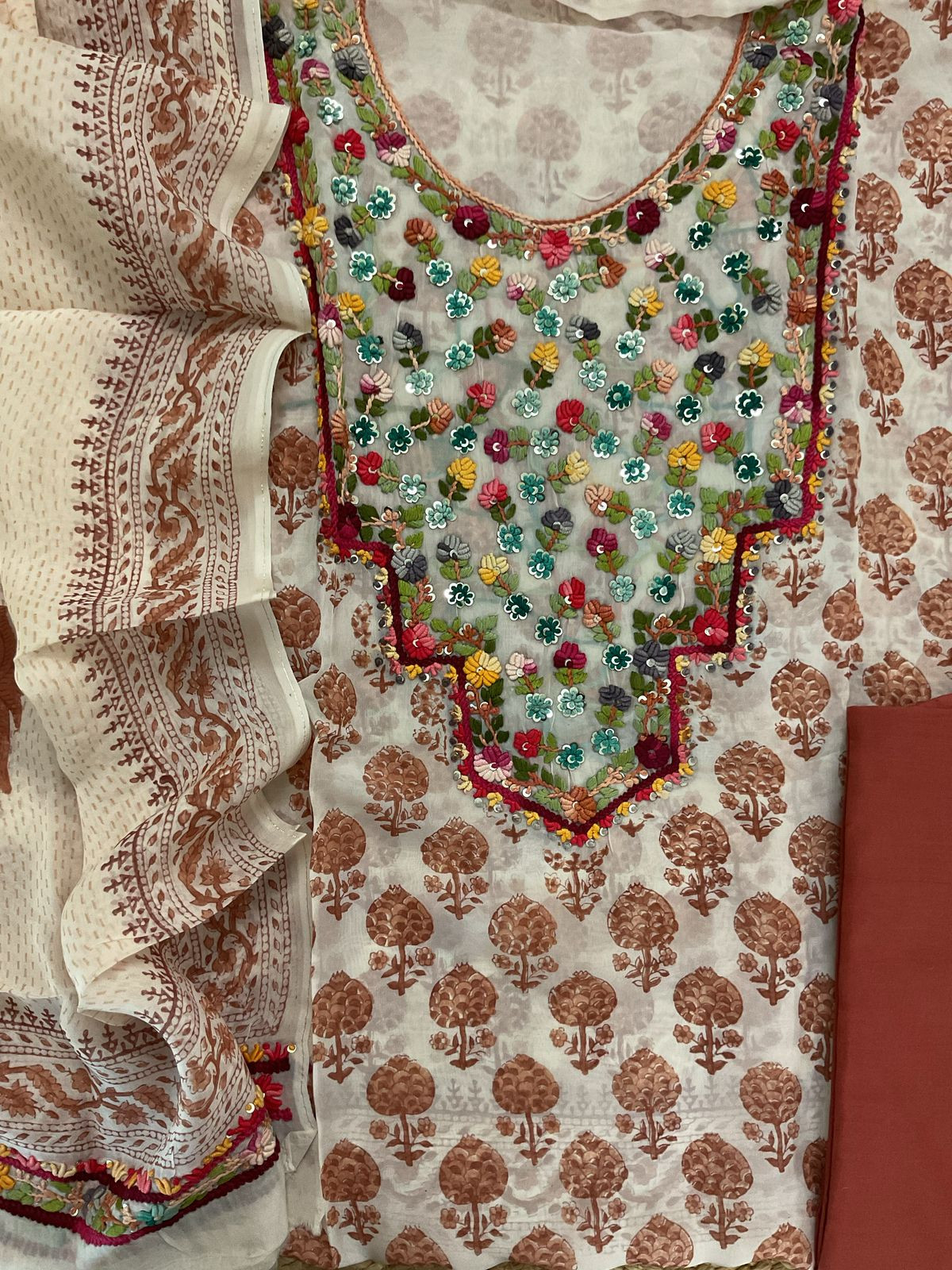 Pure Organza Block Printed Embroidered Suit - Cream