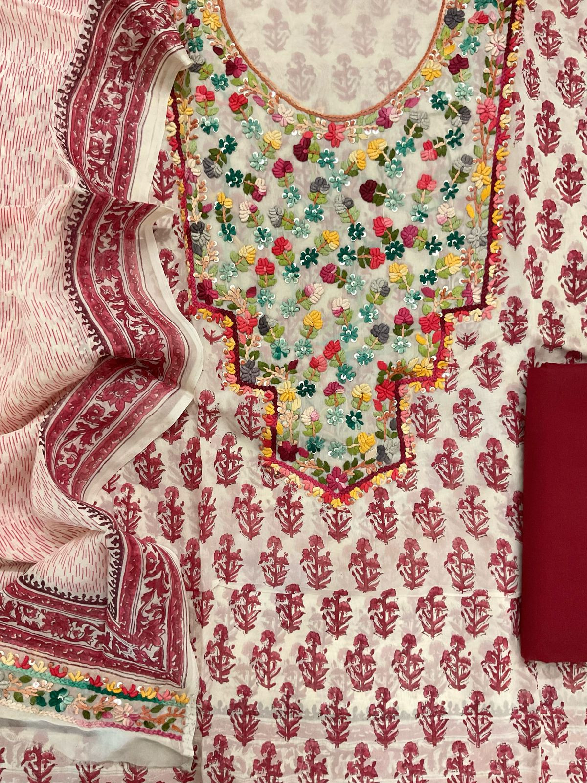 Pure Organza Block Printed Embroidered Suit - Cream