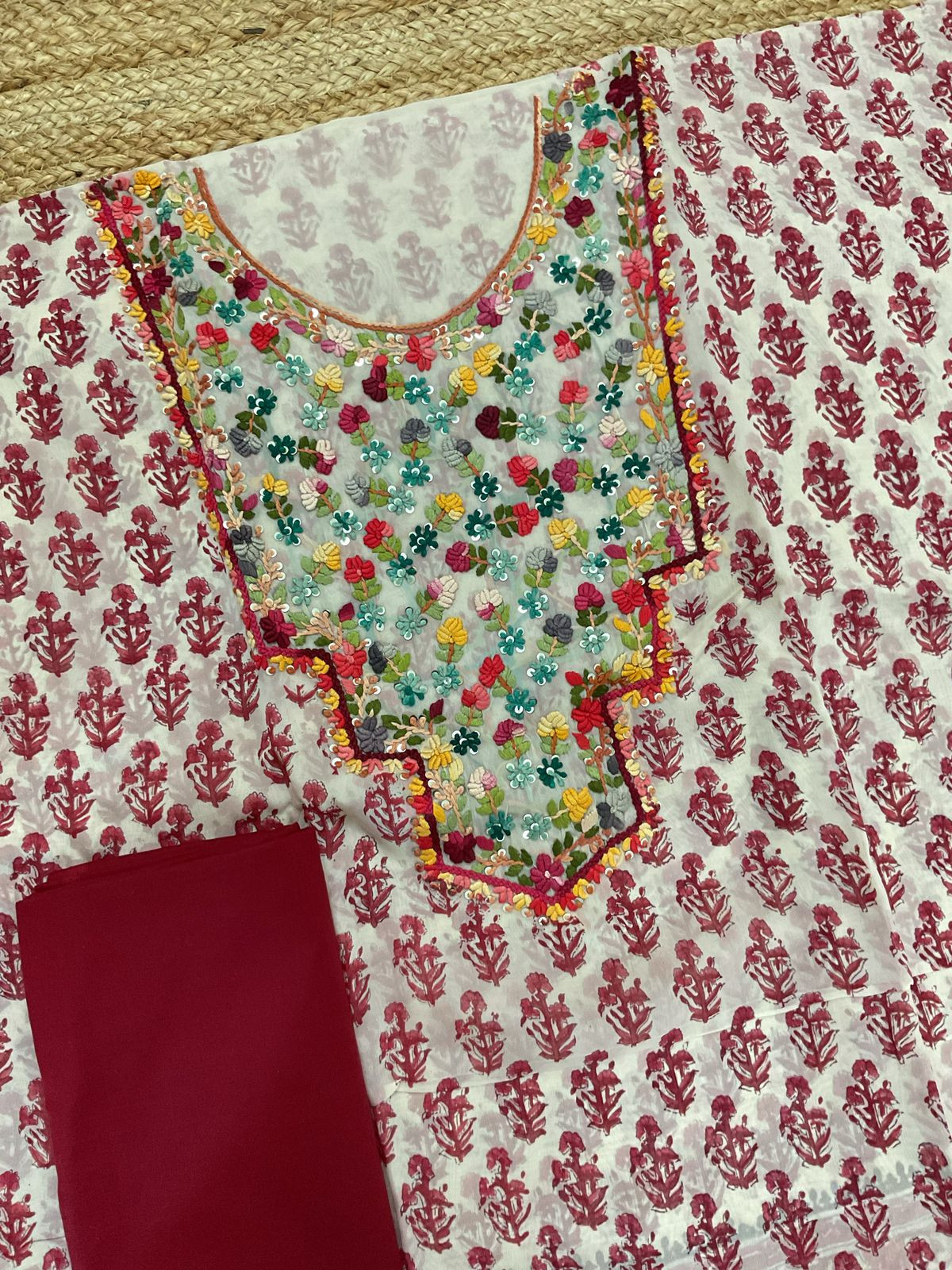 Pure Organza Block Printed Embroidered Suit - Cream