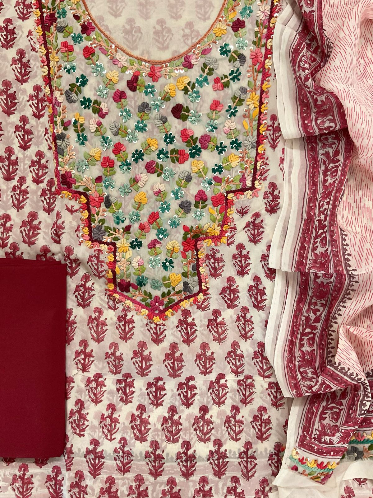 Pure Organza Block Printed Embroidered Suit - Cream