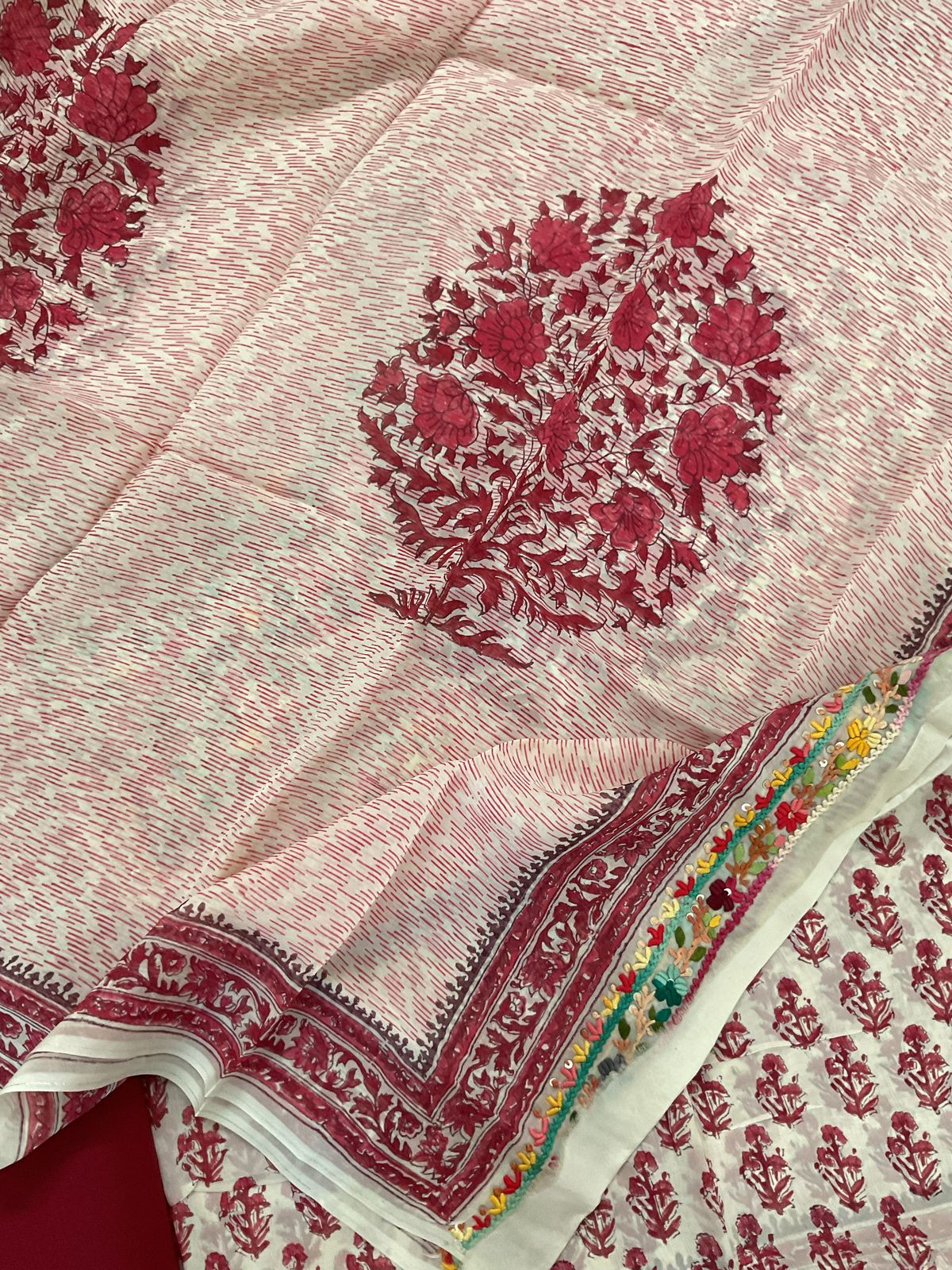 Pure Organza Block Printed Embroidered Suit - Cream