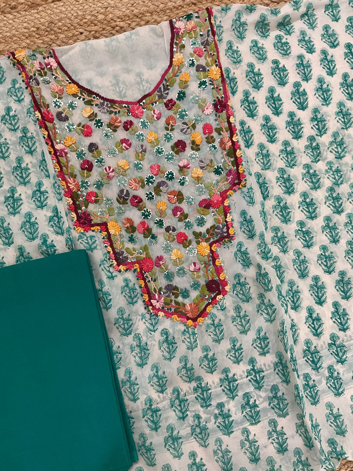 Pure Organza Block Printed Embroidered Suit - Cream