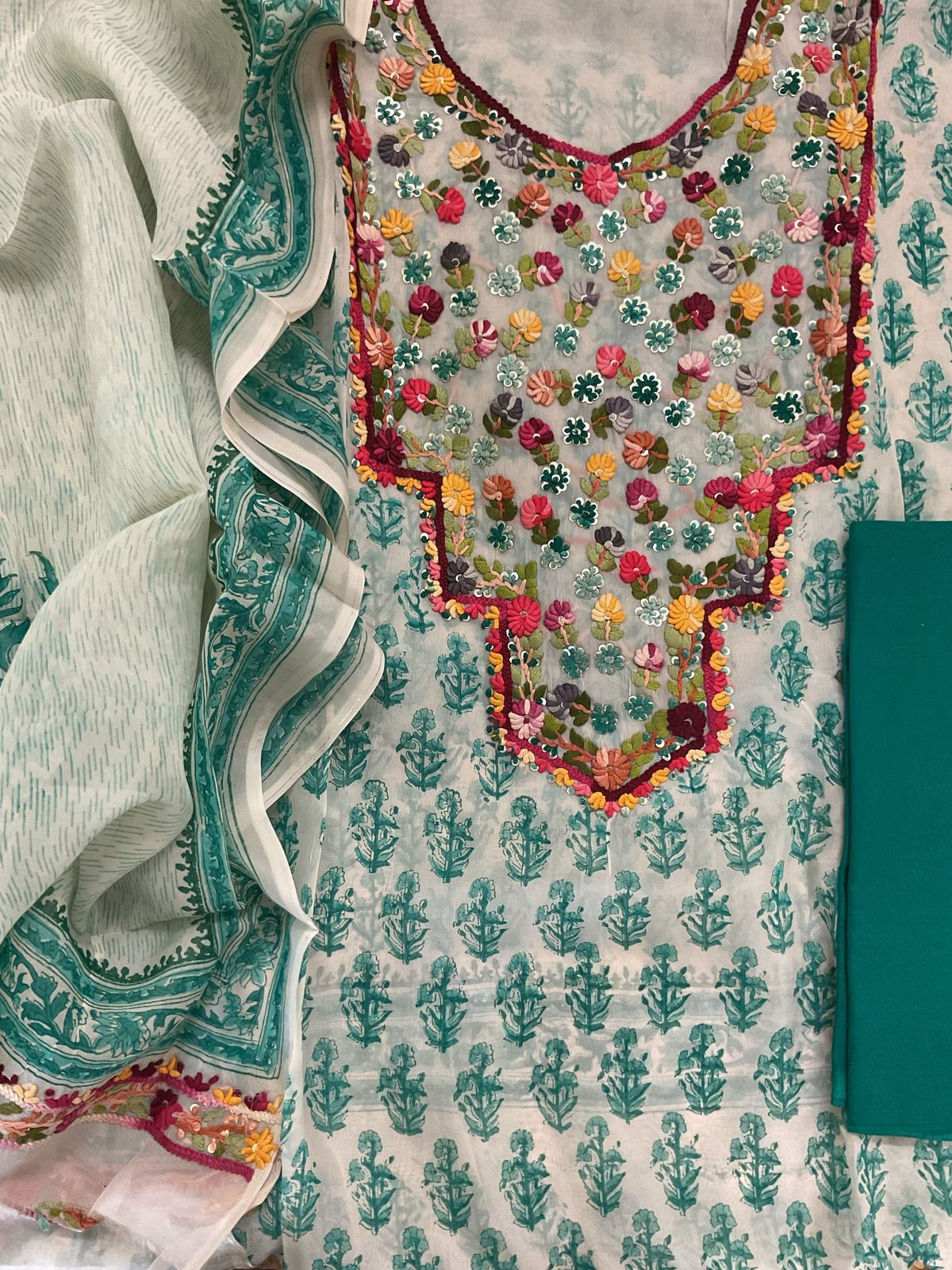 Pure Organza Block Printed Embroidered Suit - Cream