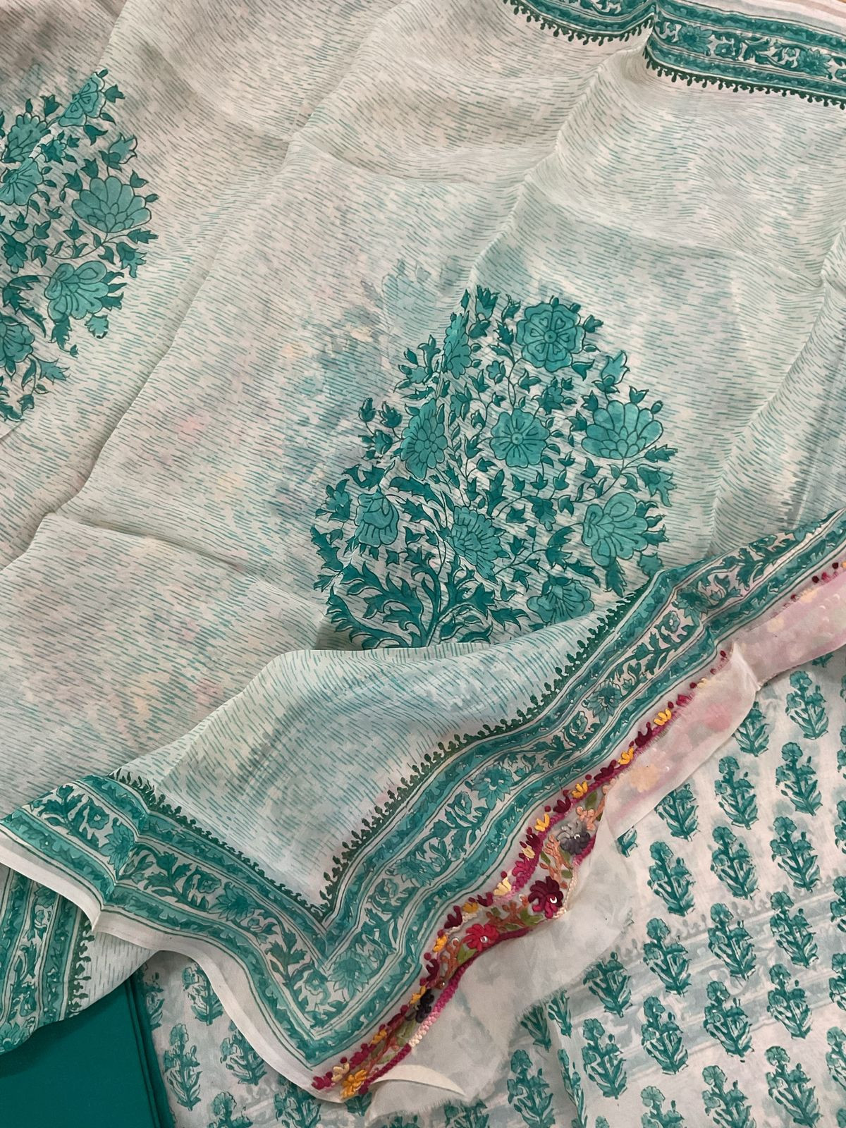 Pure Organza Block Printed Embroidered Suit - Cream