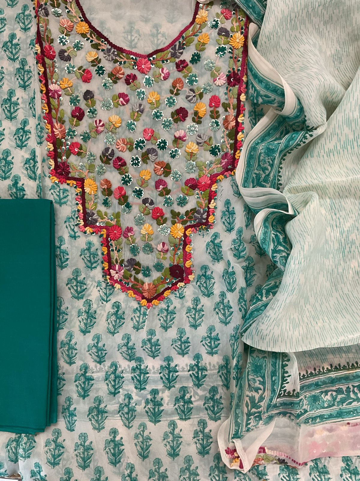 Pure Organza Block Printed Embroidered Suit - Cream