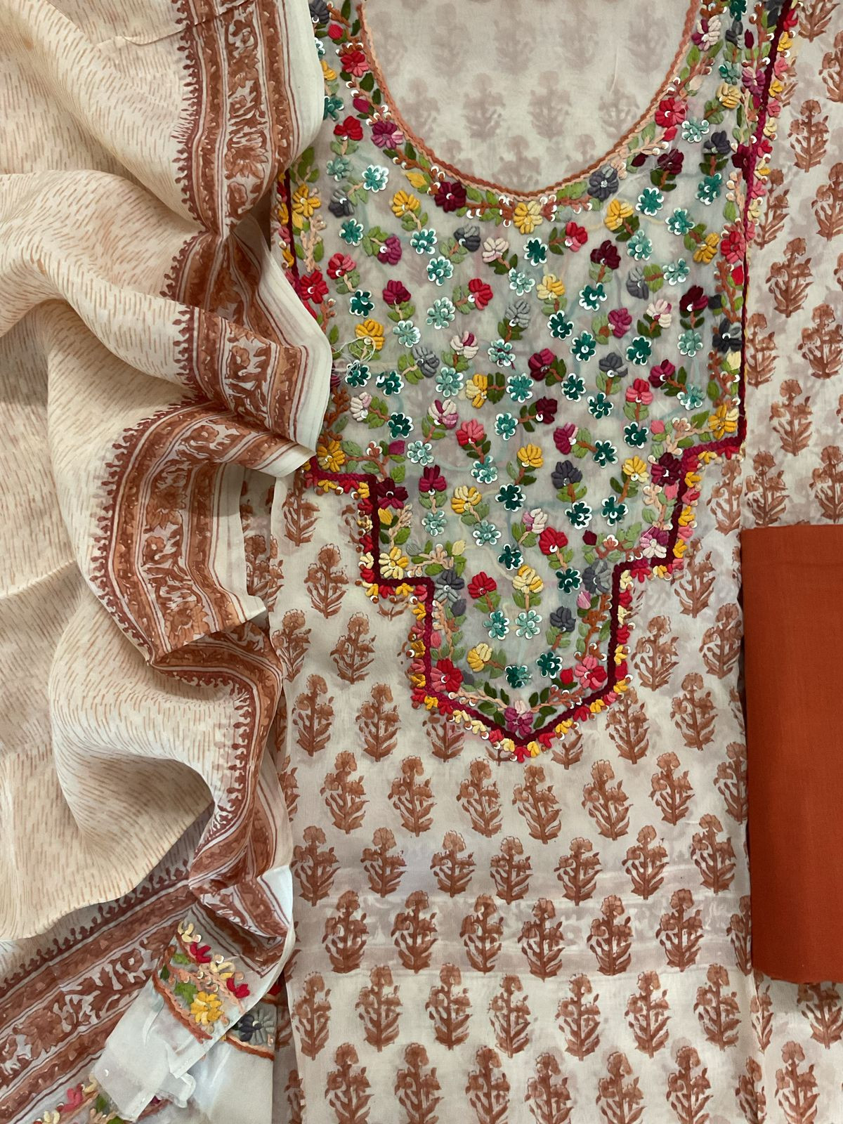 Pure Organza Block Printed Embroidered Suit - Cream