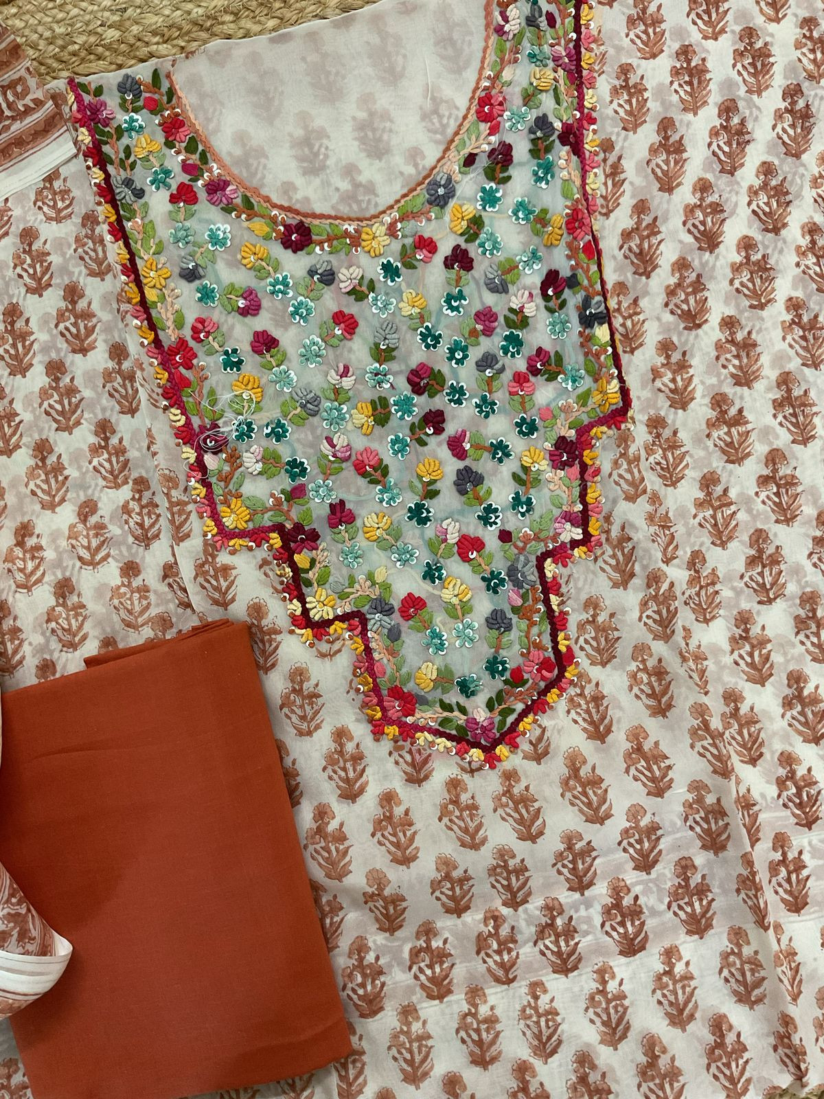 Pure Organza Block Printed Embroidered Suit - Cream