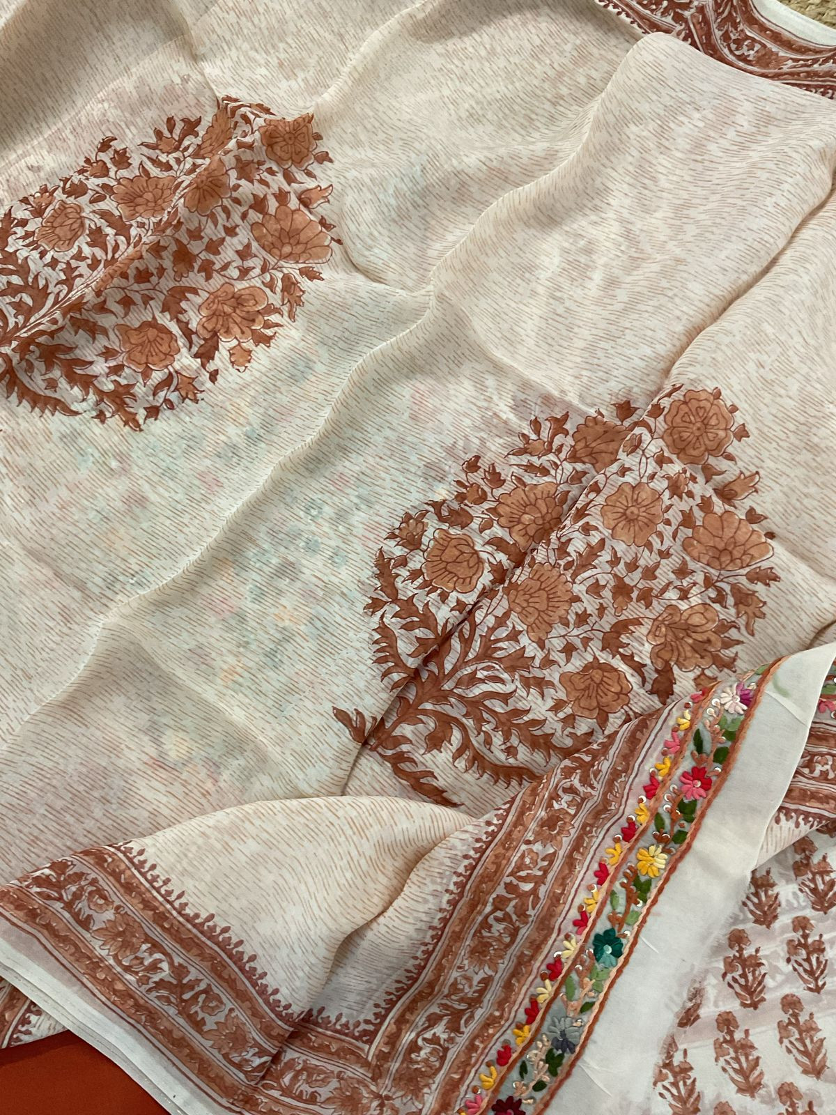 Pure Organza Block Printed Embroidered Suit - Cream