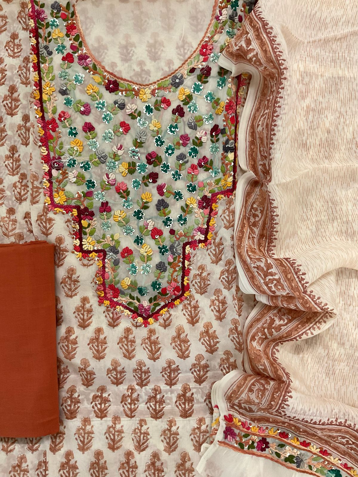 Pure Organza Block Printed Embroidered Suit - Cream