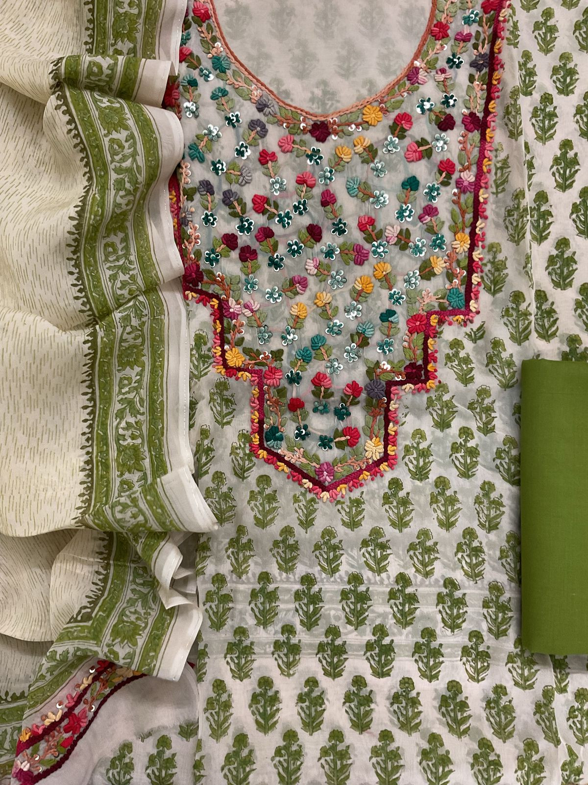 Pure Organza Block Printed Embroidered Suit - Cream