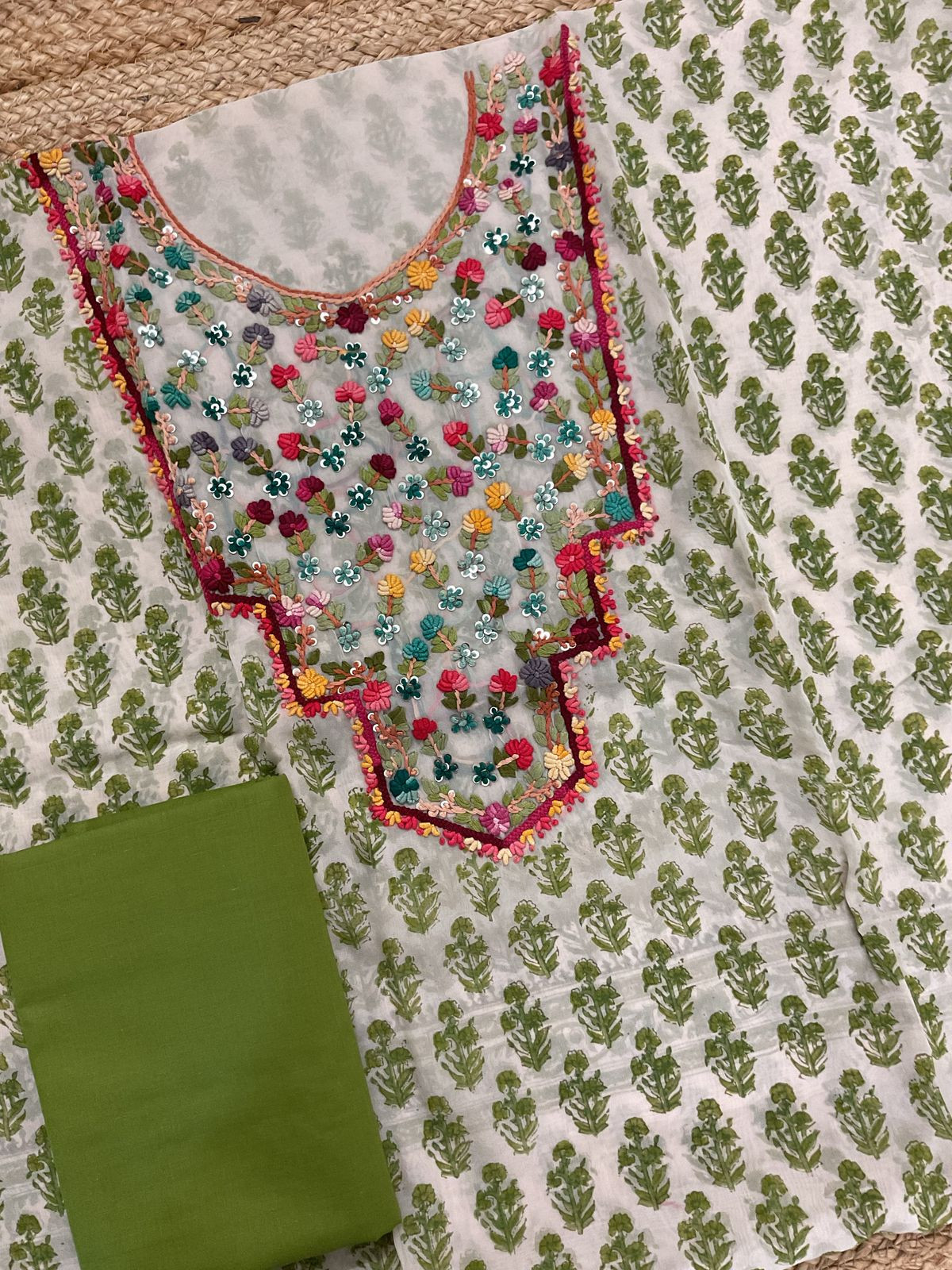 Pure Organza Block Printed Embroidered Suit - Cream