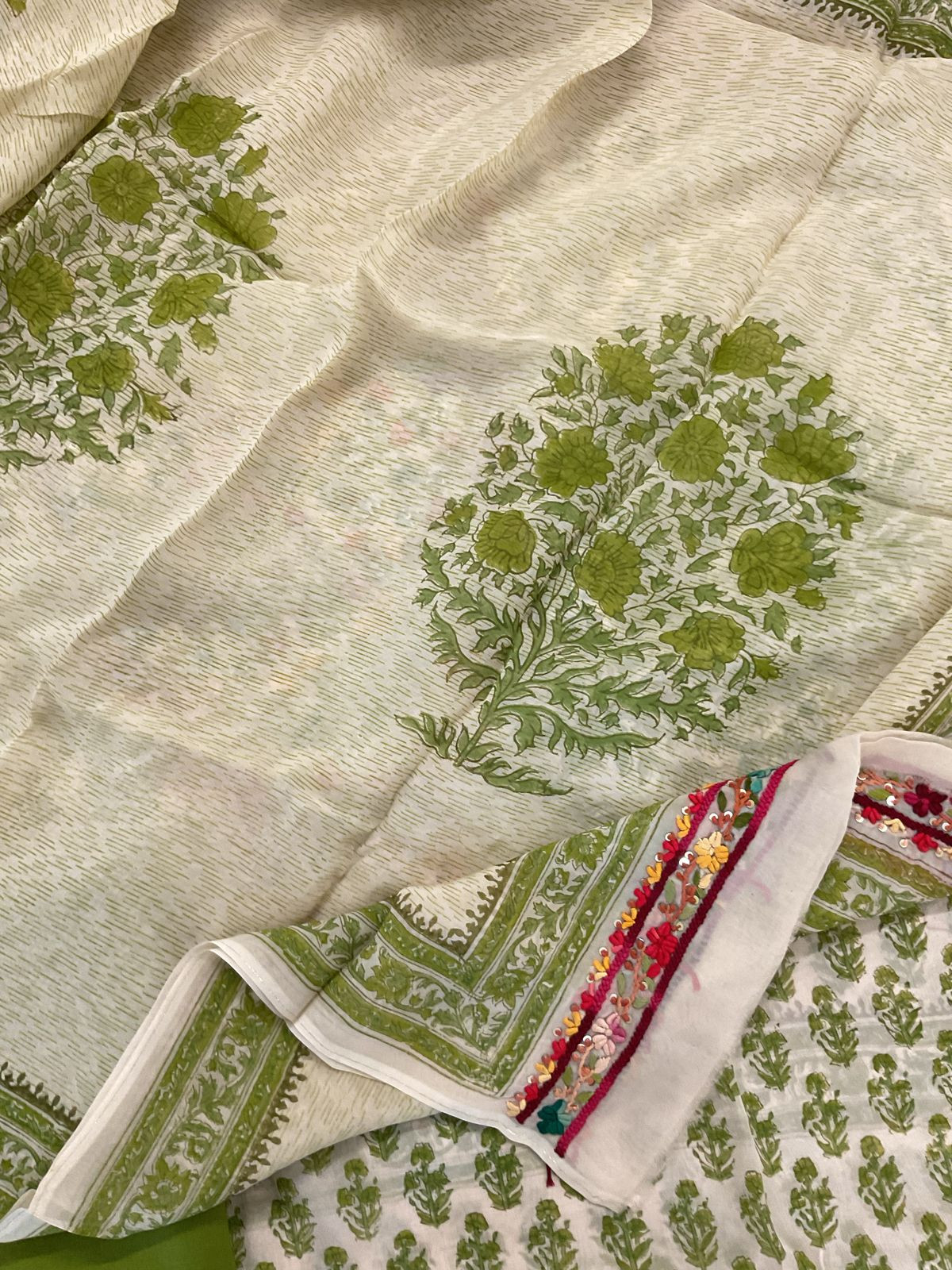 Pure Organza Block Printed Embroidered Suit - Cream