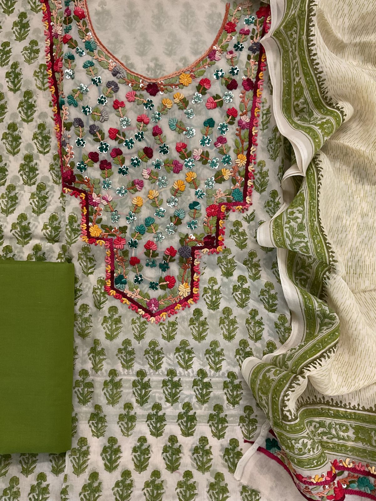 Pure Organza Block Printed Embroidered Suit - Cream