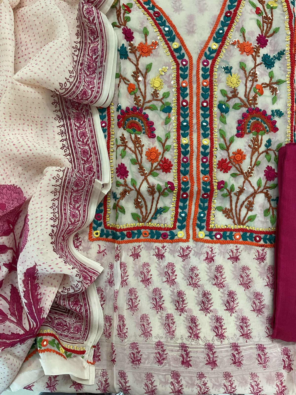 Pure Organza Block Printed Embroidered Suit - Cream