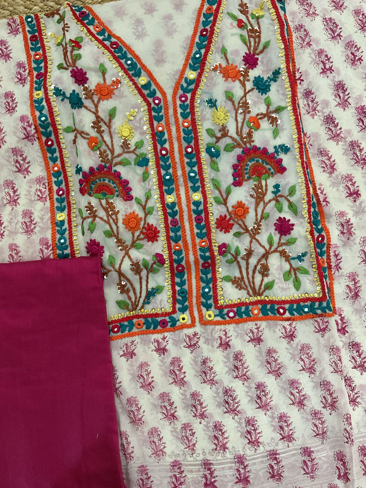 Pure Organza Block Printed Embroidered Suit - Cream