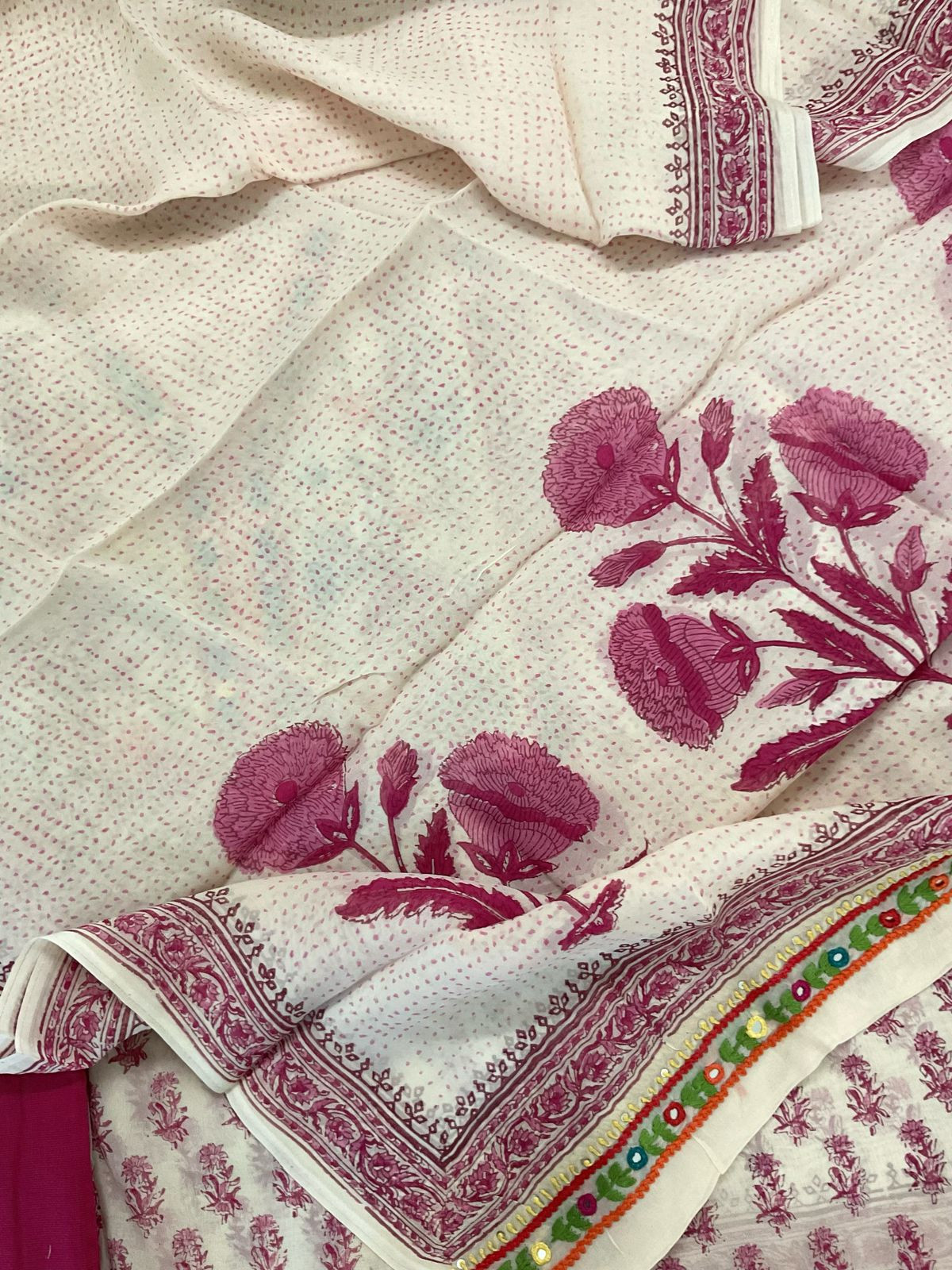 Pure Organza Block Printed Embroidered Suit - Cream