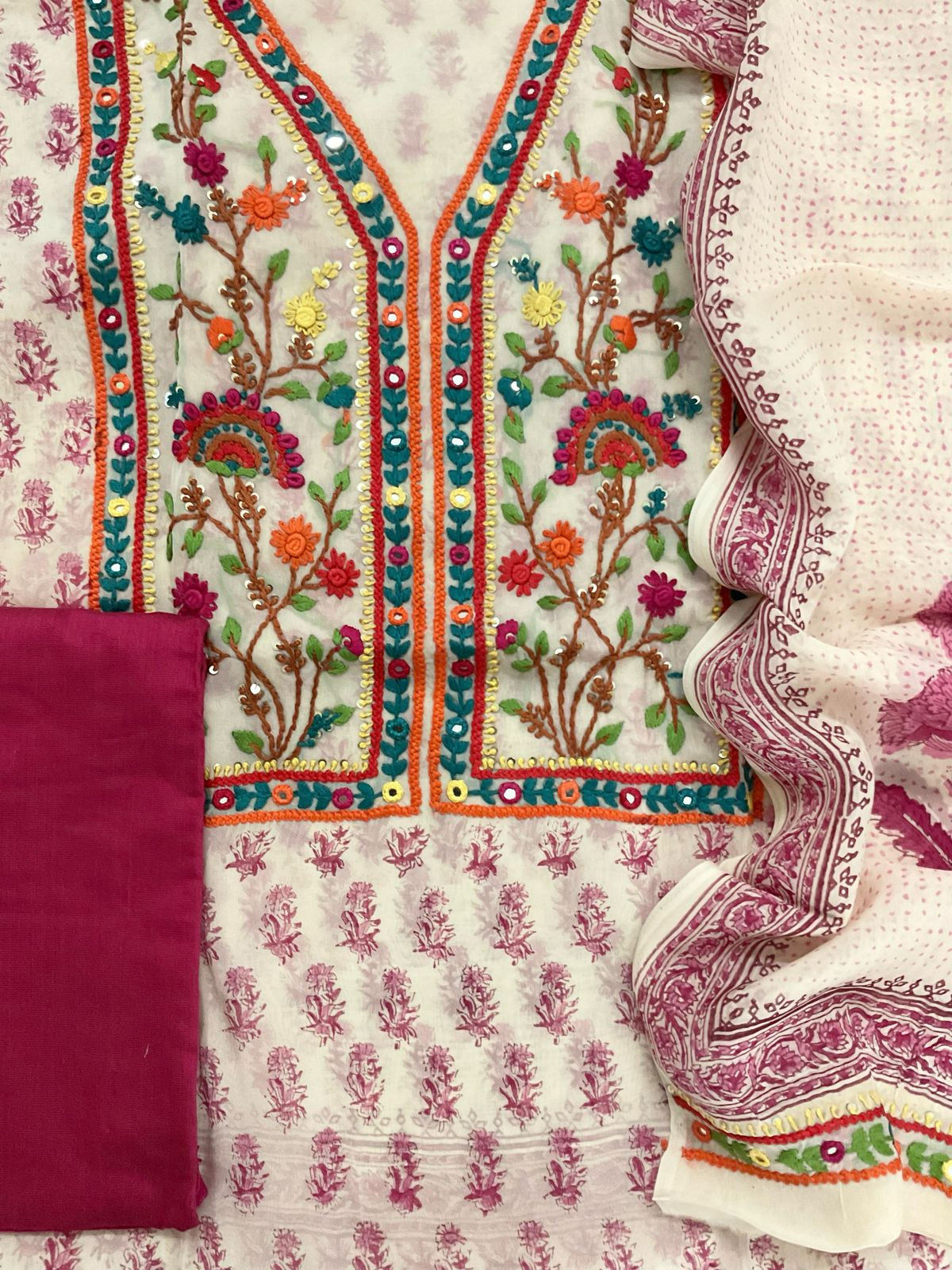 Pure Organza Block Printed Embroidered Suit - Cream