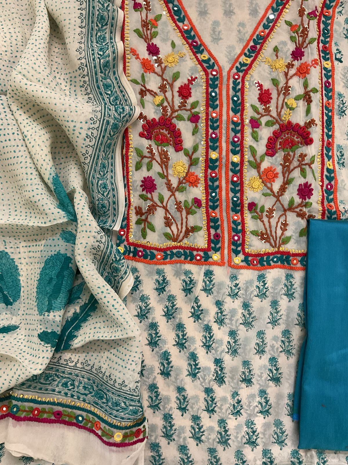 Pure Organza Block Printed Embroidered Suit - Cream