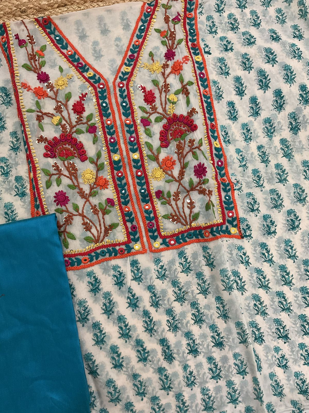 Pure Organza Block Printed Embroidered Suit - Cream