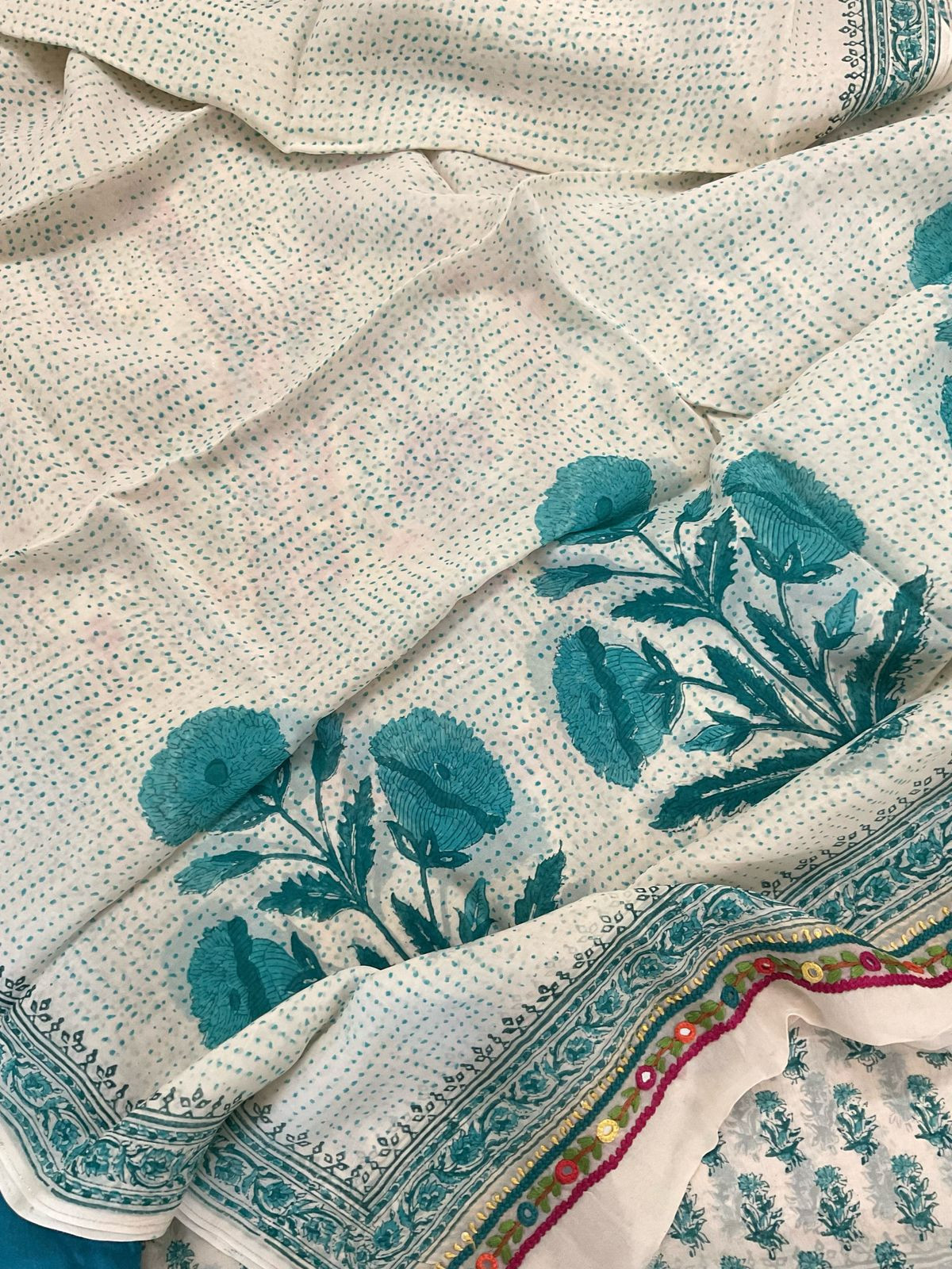 Pure Organza Block Printed Embroidered Suit - Cream