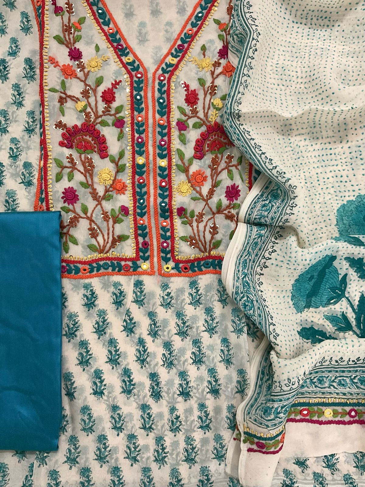 Pure Organza Block Printed Embroidered Suit - Cream