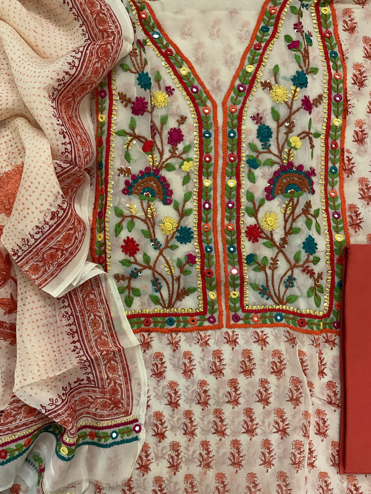 Pure Organza Block Printed Embroidered Suit - Cream