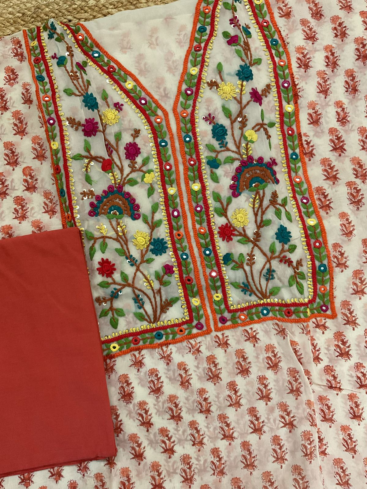 Pure Organza Block Printed Embroidered Suit - Cream