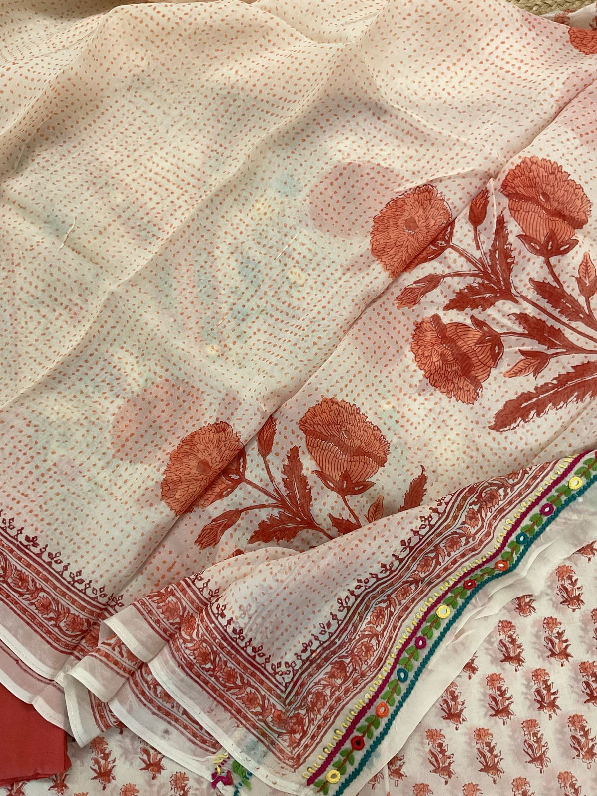 Pure Organza Block Printed Embroidered Suit - Cream