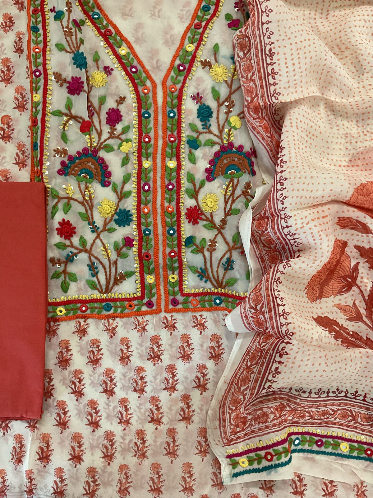 Pure Organza Block Printed Embroidered Suit - Cream