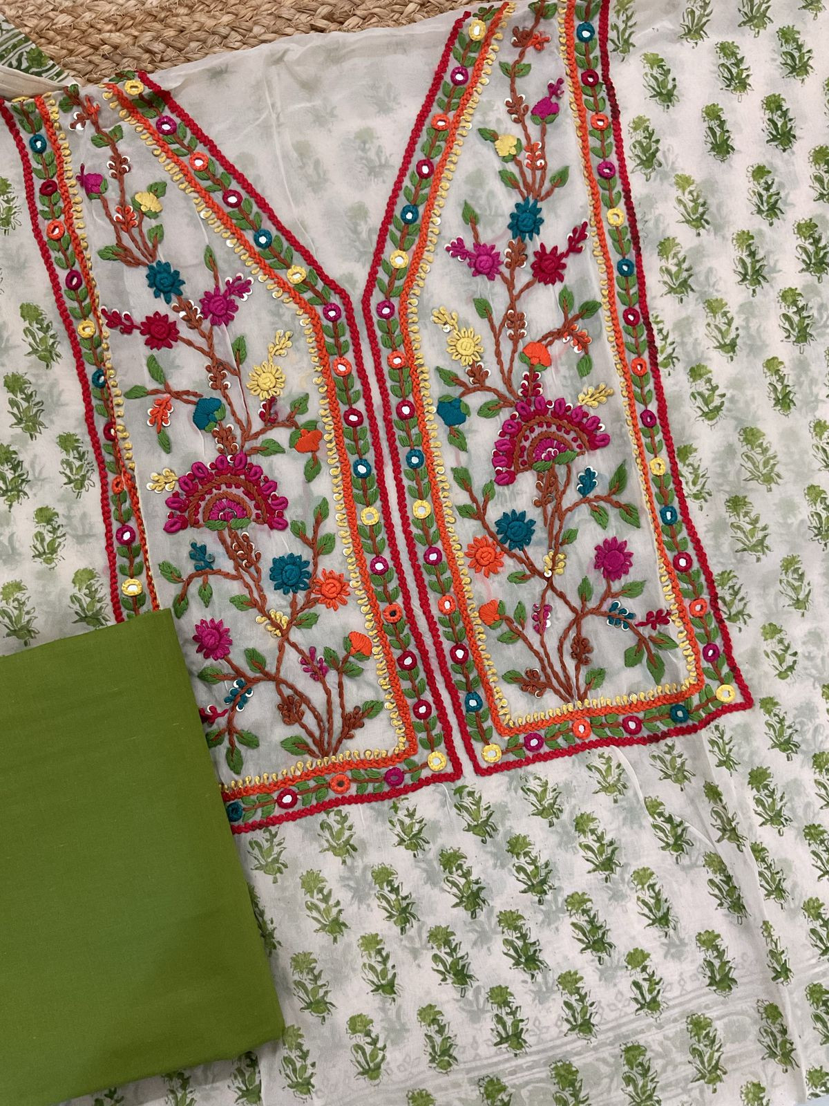 Pure Organza Block Printed Embroidered Suit - Cream