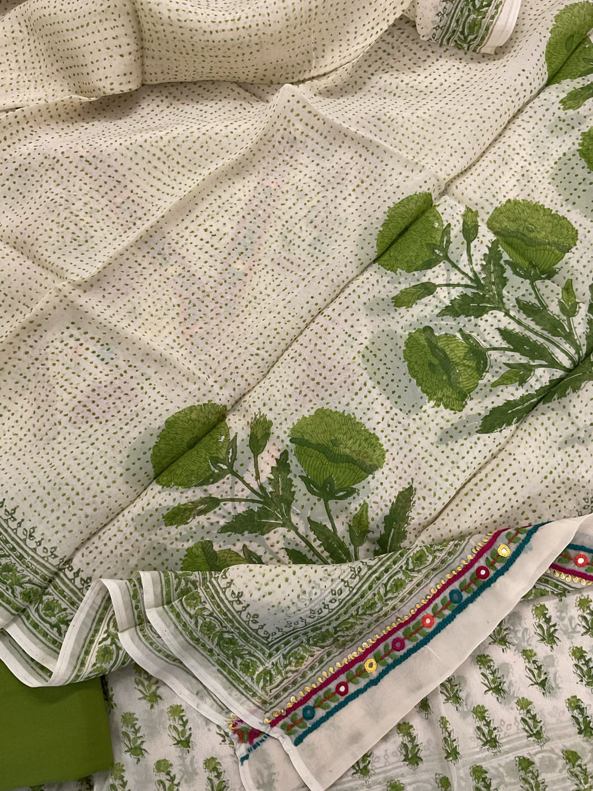 Pure Organza Block Printed Embroidered Suit - Cream