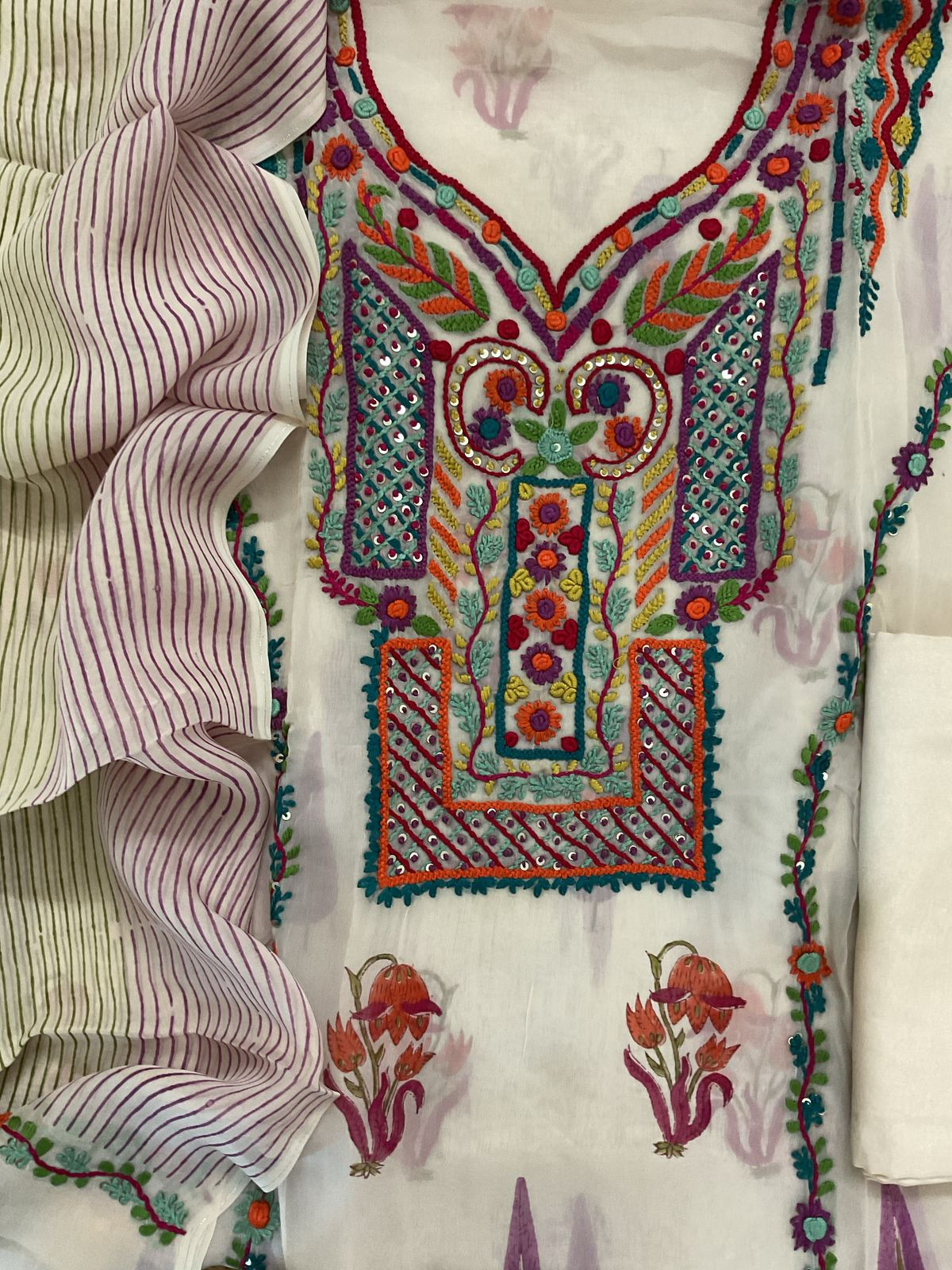 Pure Organza Block Printed Embroidered Suit - Cream