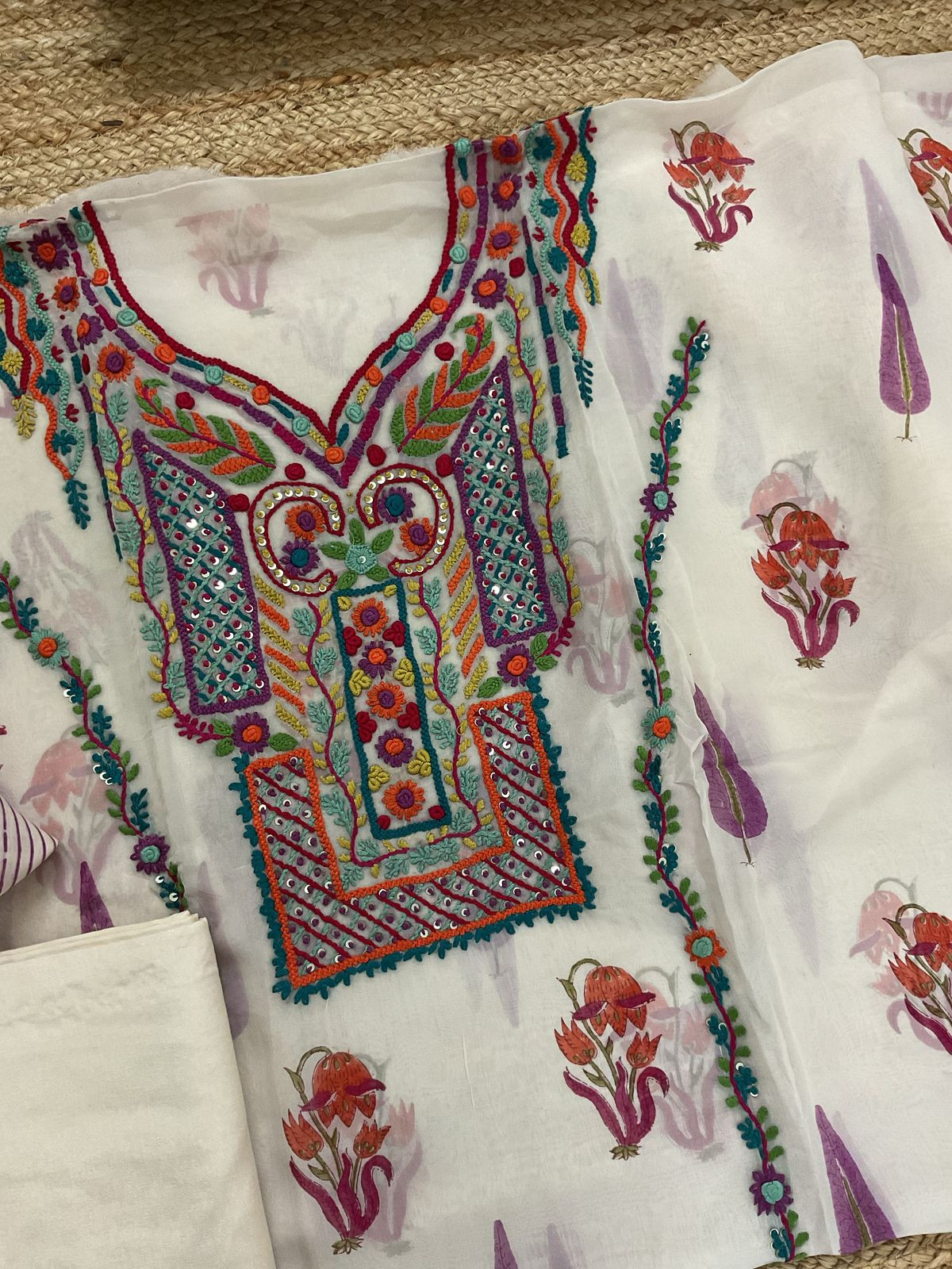 Pure Organza Block Printed Embroidered Suit - Cream