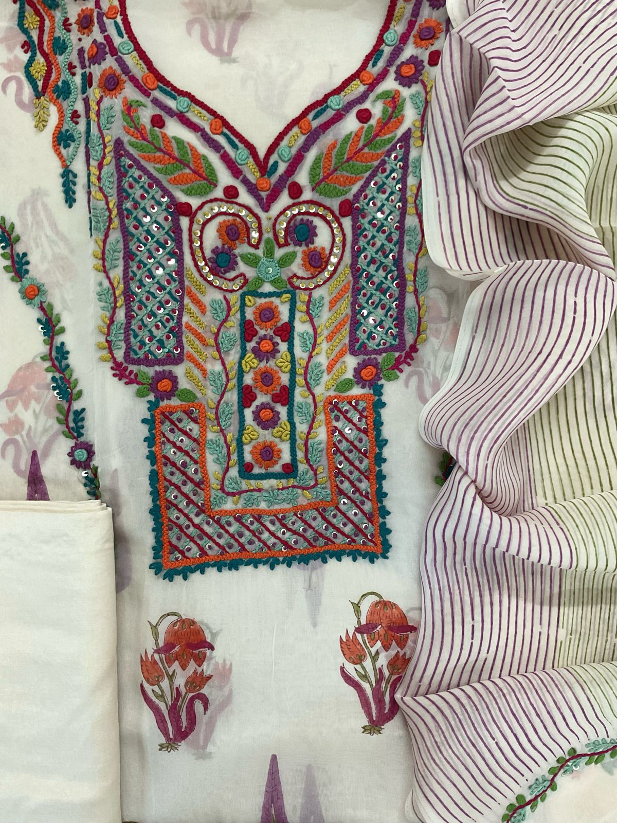 Pure Organza Block Printed Embroidered Suit - Cream