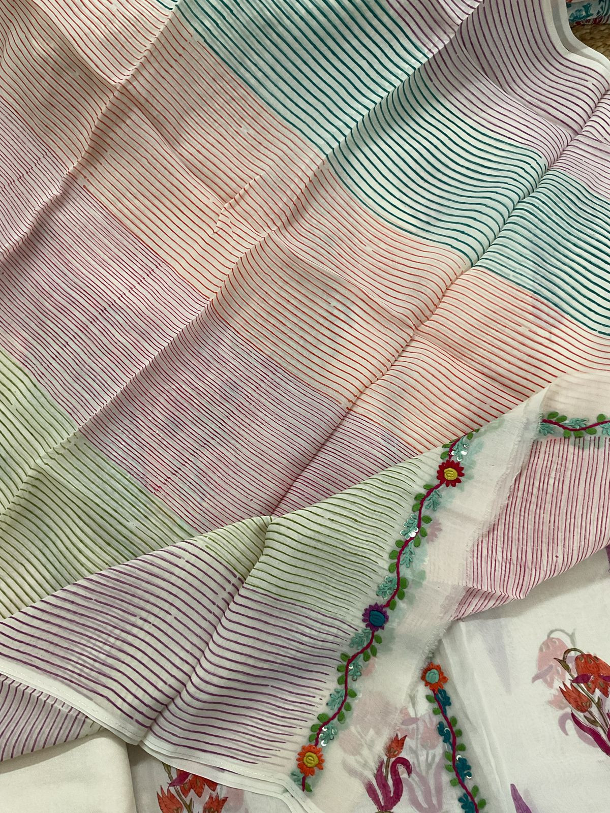 Pure Organza Block Printed Embroidered Suit - Cream