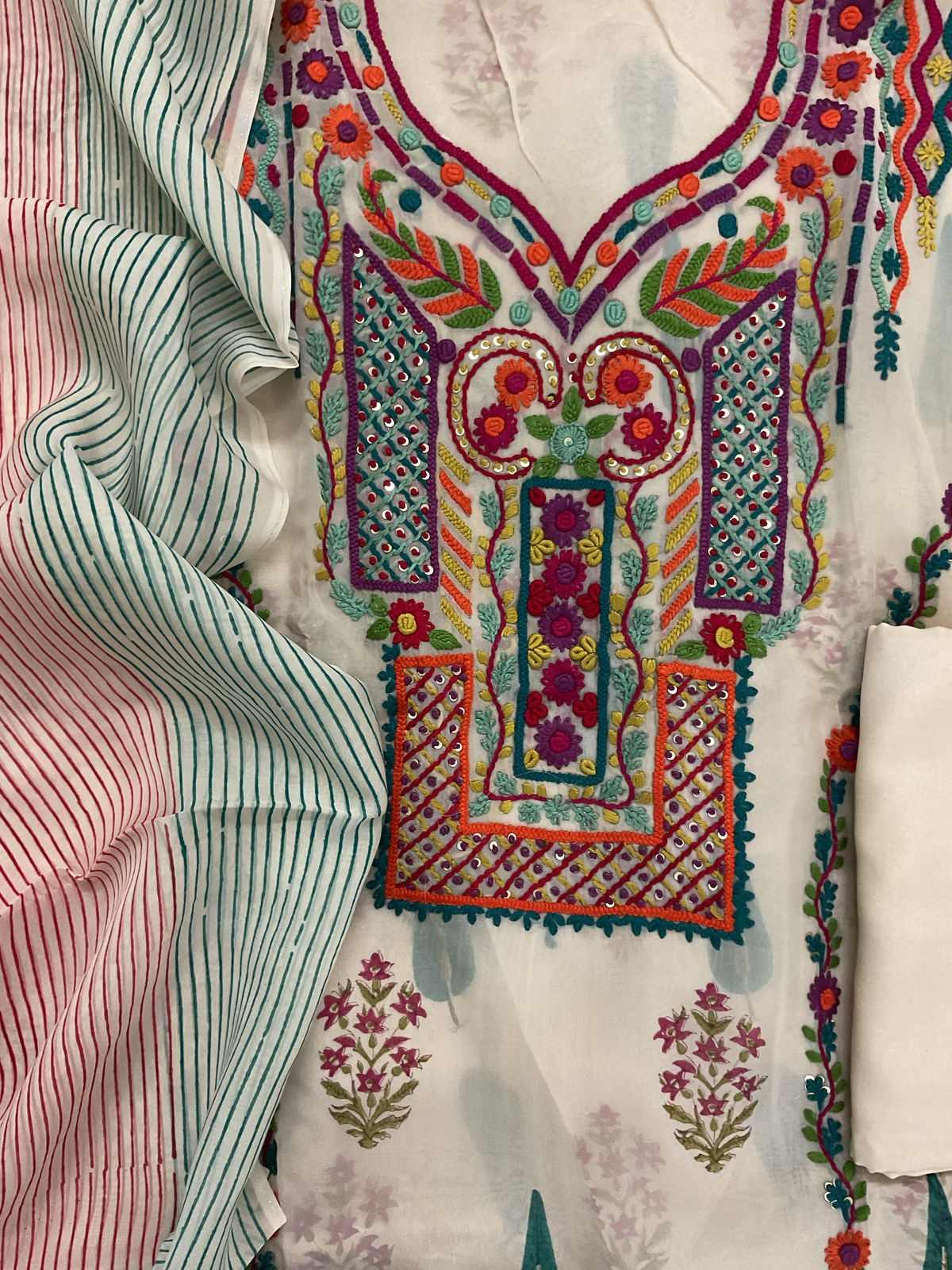 Pure Organza Block Printed Embroidered Suit - Cream