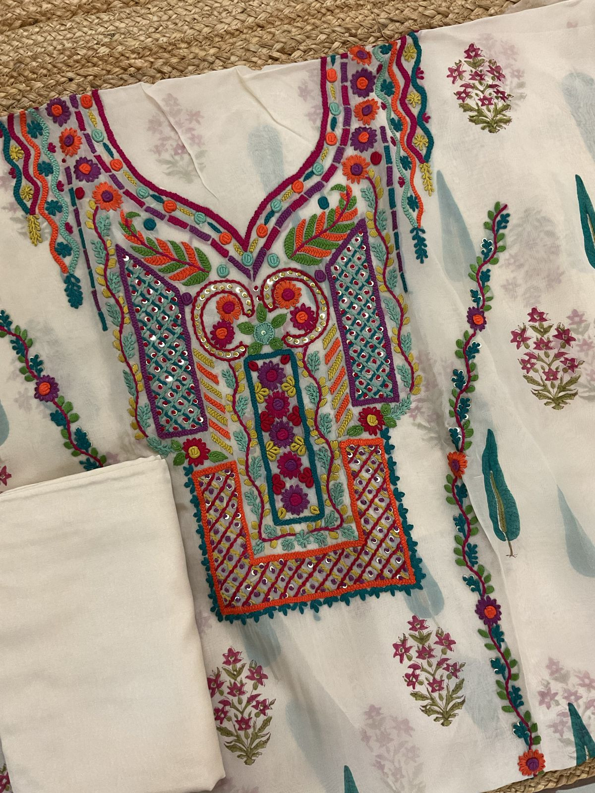 Pure Organza Block Printed Embroidered Suit - Cream