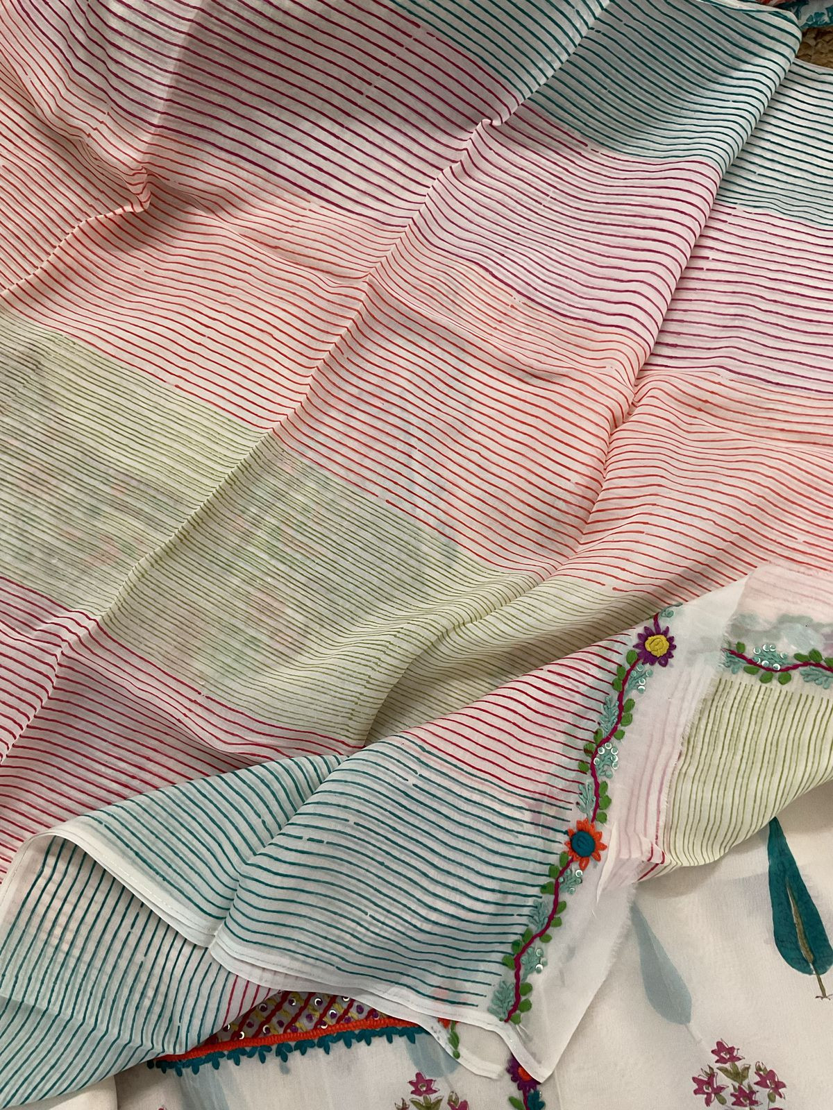 Pure Organza Block Printed Embroidered Suit - Cream