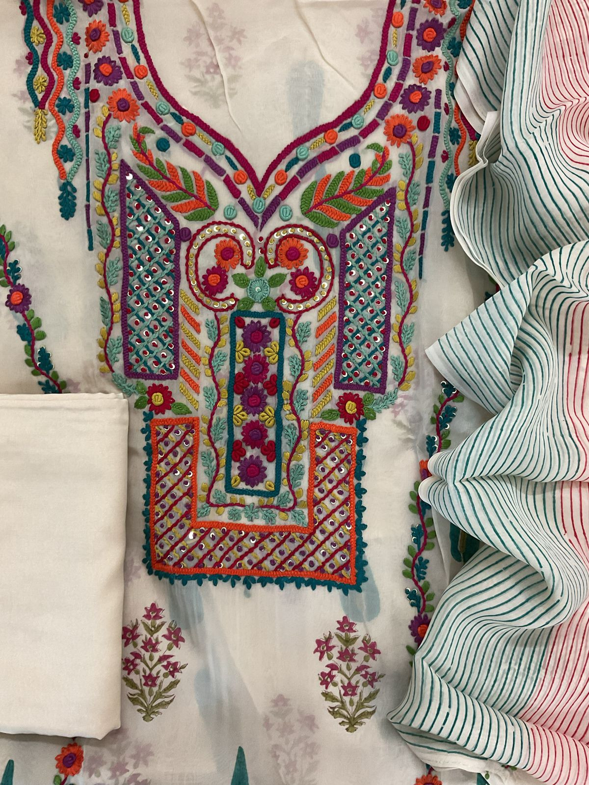 Pure Organza Block Printed Embroidered Suit - Cream